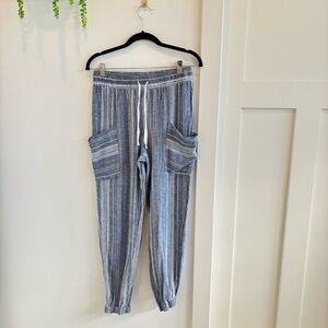 Indigo Rein High Rise Linen Blend Blue White Striped Joggers Juniors Size Medium